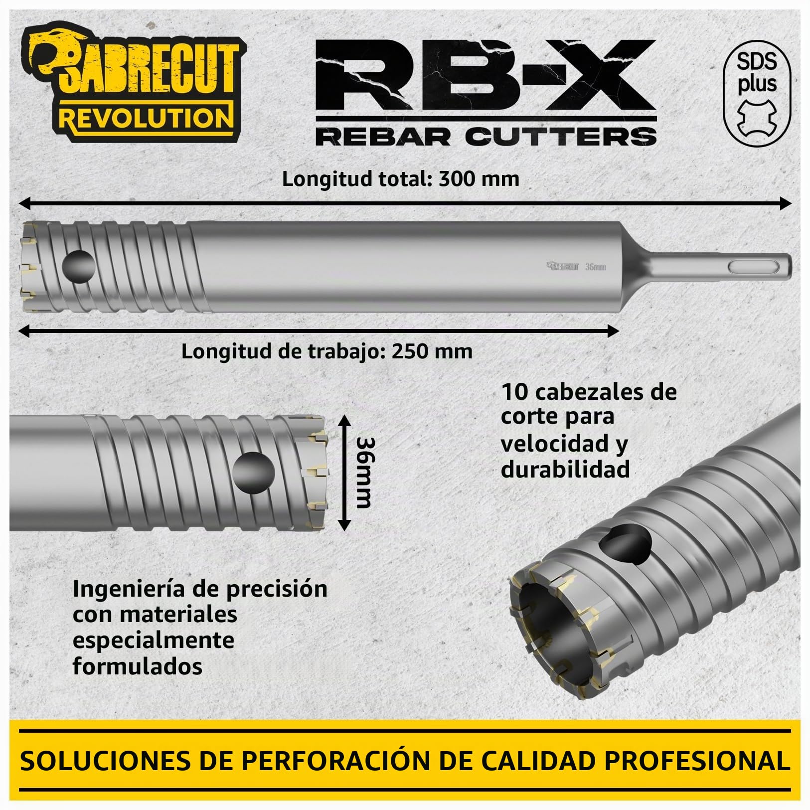 SabreCut 1pc SCRB36 36mm x 300mm Brocas Resistente | Puntas carburo de tungsteno y soldadura precisa cortan duraderamente varilla embebida