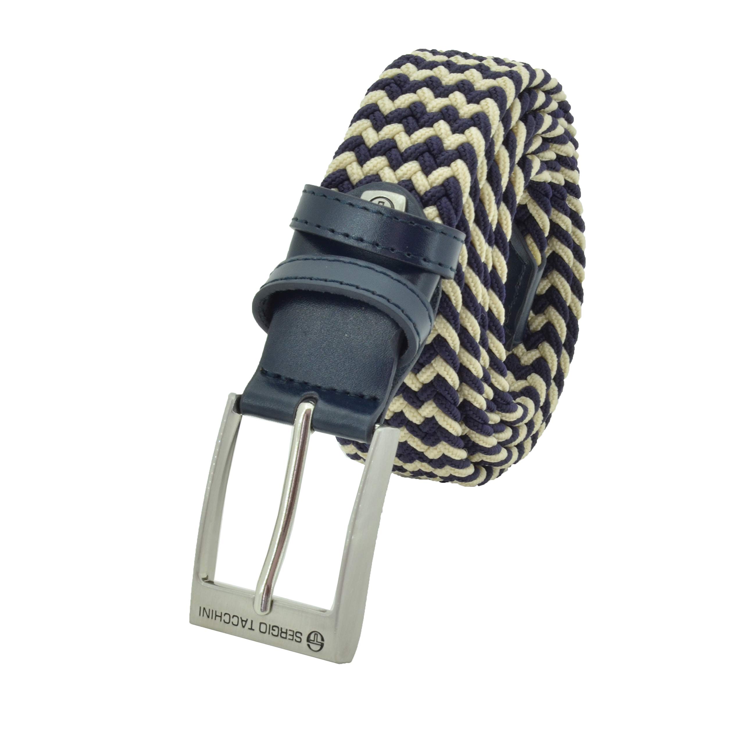 Sergio Tacchini Men's Beige E Blu Braided Belt,Man Woman, In Elastic Fabric With Inserts In Genuine Leather, Gift Box 125