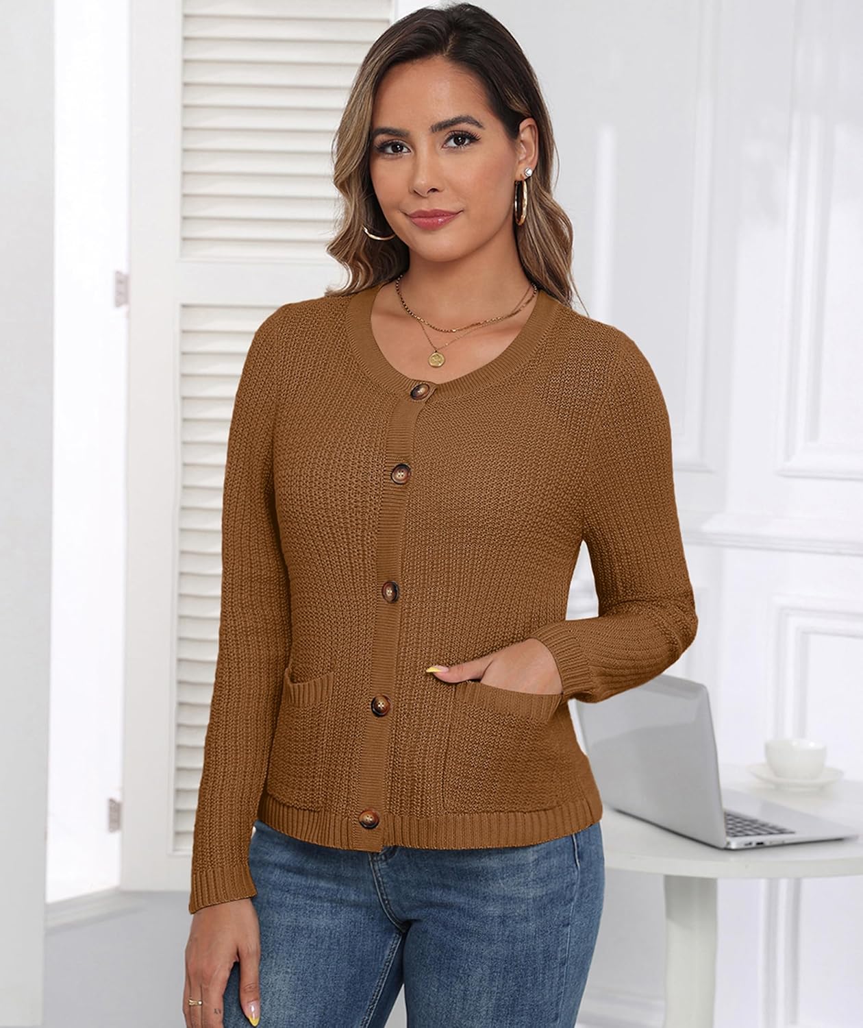 AGSEEM Womens Cardigan Long Sleeve Crew Neck Button Down Open Front Soft Knit Sweaters with Pockets, Brown, X-Small - Image 3