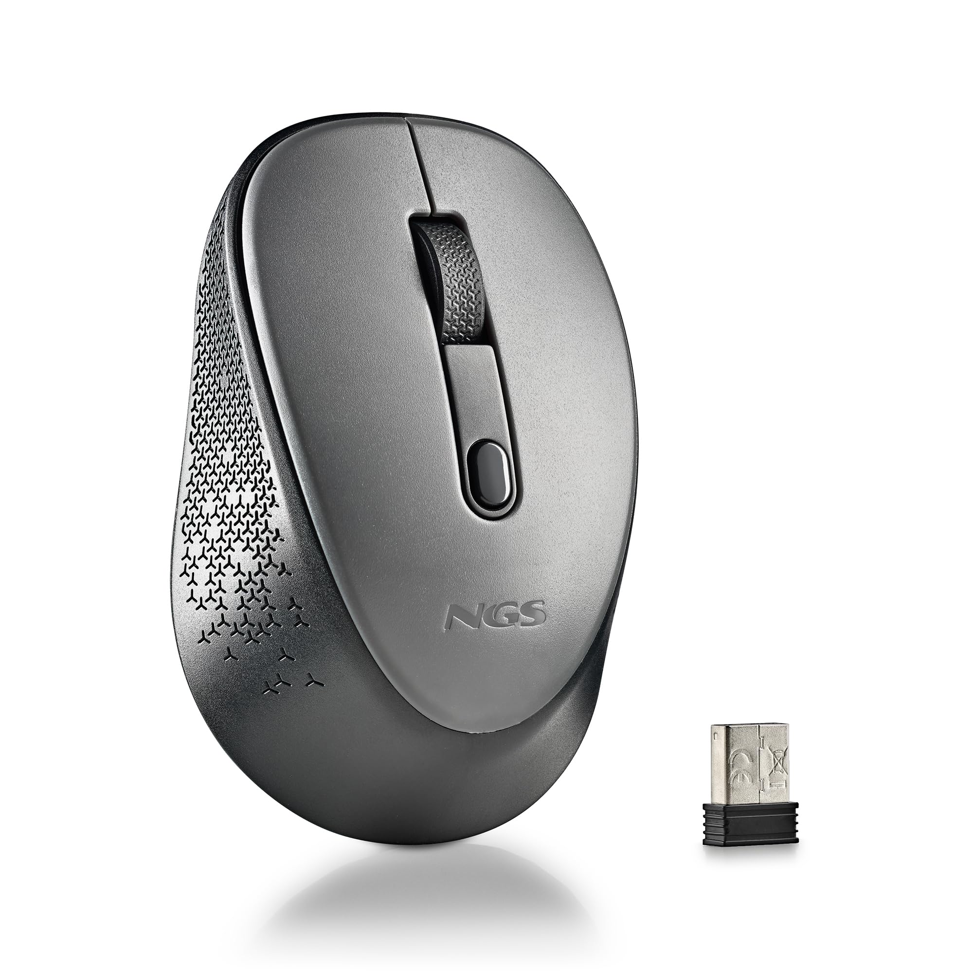 NGS Dew Gray Wireless Optical Mouse, Ergonomic Mouse, Quiet Wireless Laptop Mouse, High Precision with Nano Receiver, Ambidextrous, 800/1600 Adjustable DPI, Plug & Play
