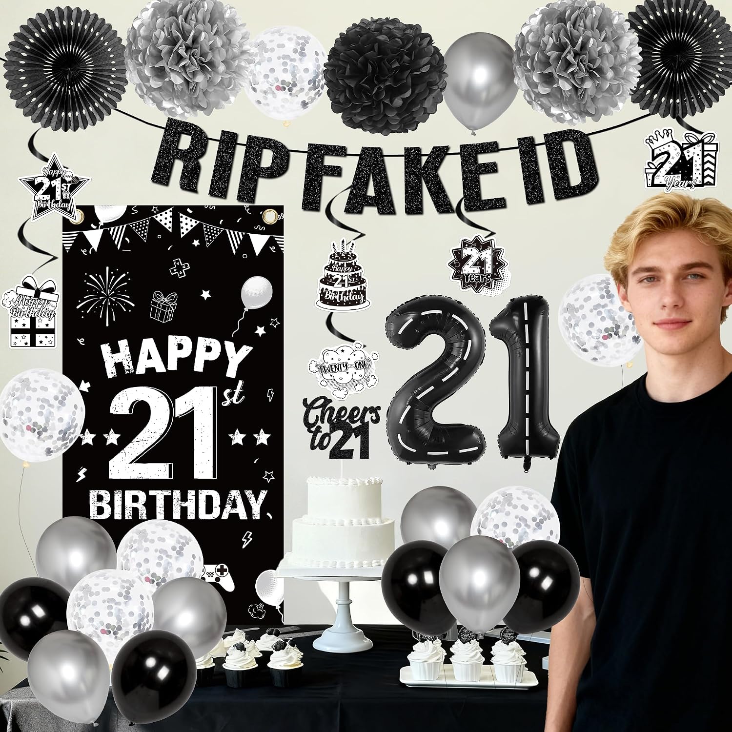 21st Birthday Black Theme Decor Kit, 31-Piece Set with 21 Foil Balloons Backdrop Banners Hanging Swirls Cake Topper Party Supplies Milestone Bash, Adult Celebration Event