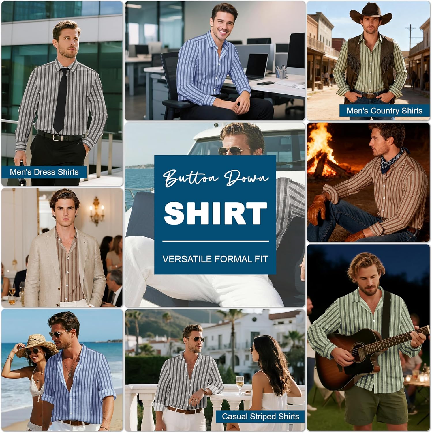 Lzzidou Men's Striped Button Down Shirt Cotton Blend Long Sleeve Collared Dress Shirts for Business Work Office Casual Date - Image 2