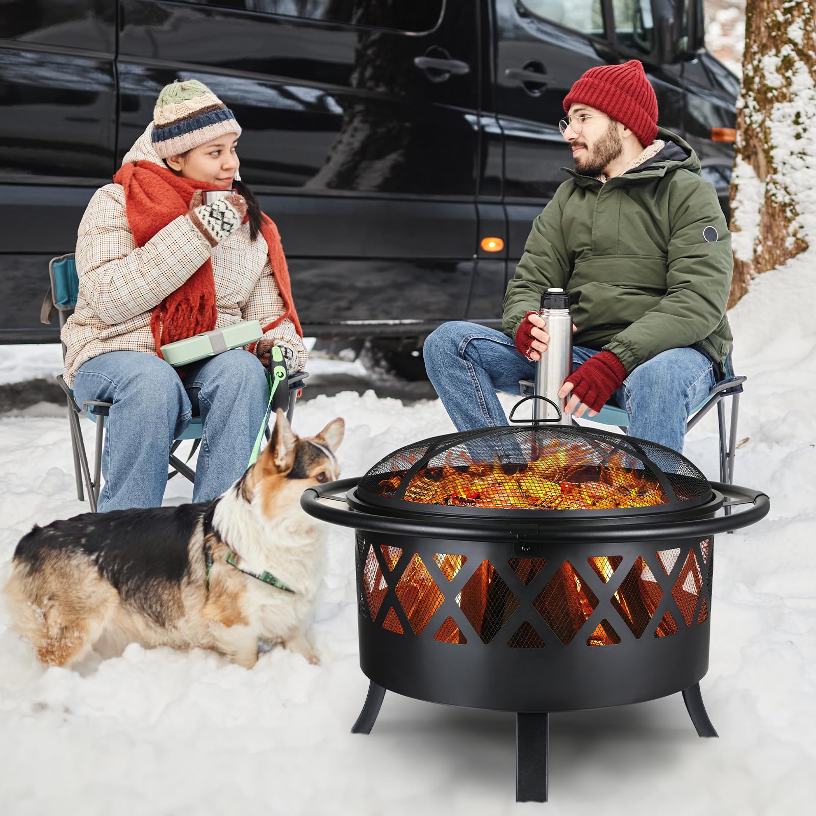 TLSUNNY Feuerschale, Feuerschalen für den Garten, Ø 81cm Feuerschale mit Funkenschutz und Schürhaken, Feuerkorb mit Grillrost(Ø 58cm), BBQ Feuerstelle Outdoor, für Gartengrills, Campingheizung, Groß