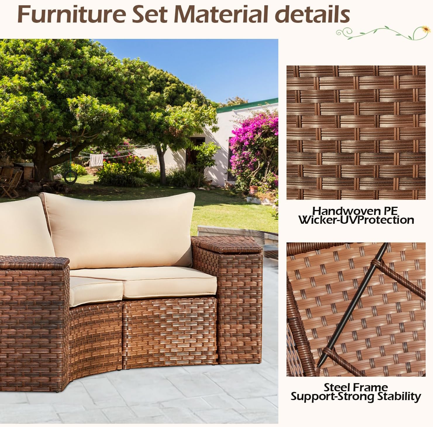 ECOTOUGE Patio Furniture Set, 4 Piece Half-Moon Sectional Round Patio Furniture Set, Wicker Cushion Sofa with 2 Storage Side Table for Pool Backyard Patio Garden(Beige/Brown)