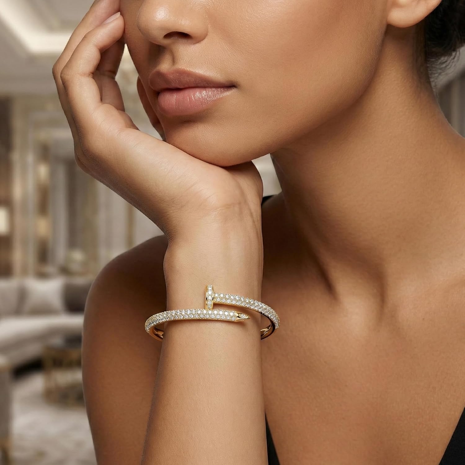 18K Gold Plated Nail Bangle Bracelet for Women,Austrian Crystals Bangle Bracelets,Durable Brass Nail Open Cuff Bangle Design Jewelry,Elegant Gifts for Her