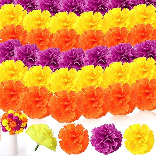 Miniatura 7 de Yilloog Paquete de 60 claveles artificiales del Cinco de Mayo con tallos de imitación de clavel de flores con pompones, mini hortensias para fiestas