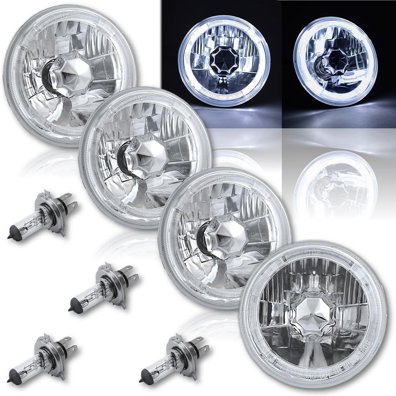 Octane Lighting 5-3/4" White Led Halo Halogen Light Bulb Headlight Angel Eye Crystal Clear Set