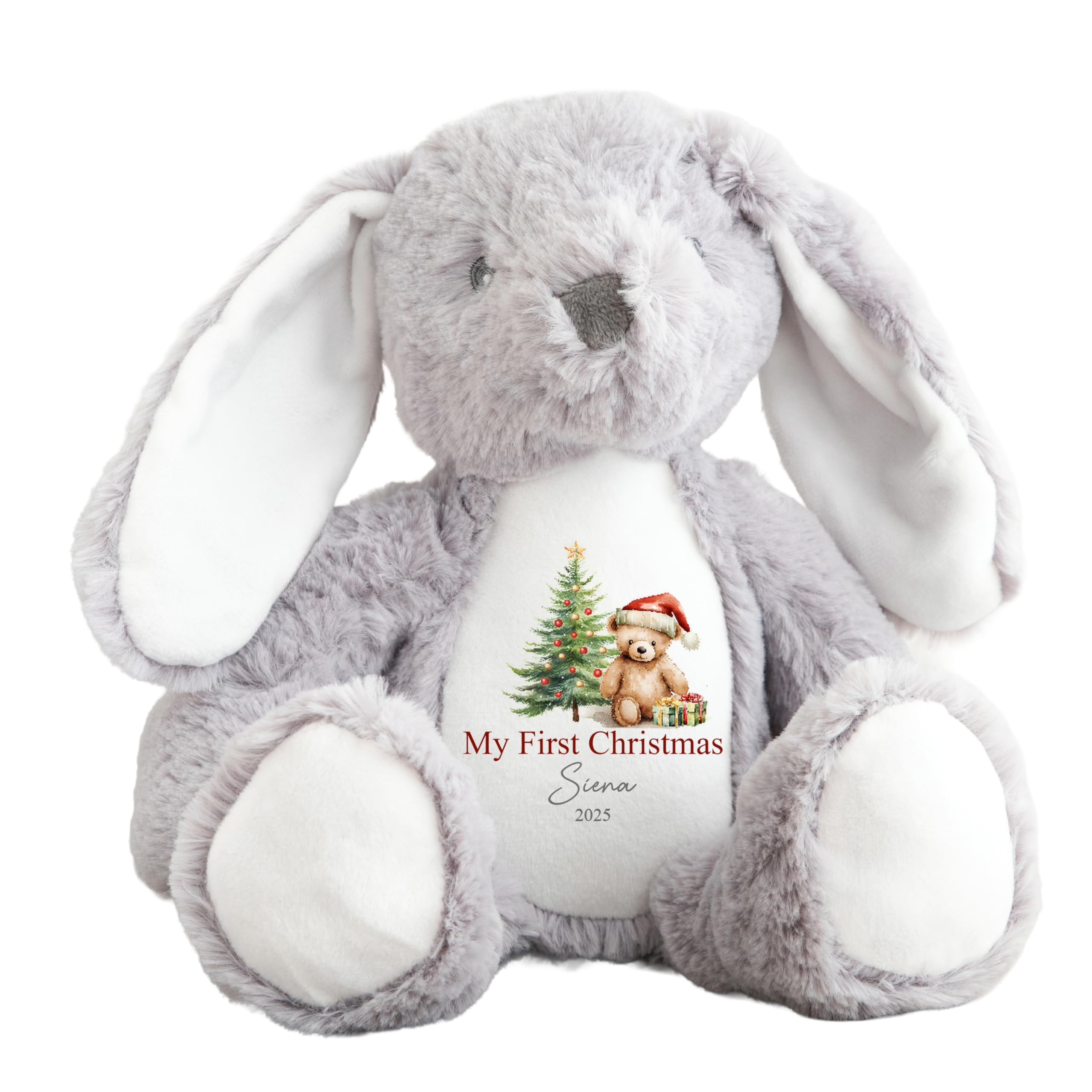 allaboutthebump My First Christmas Red Teddy Bear Personalised Plush Toy, 23cm Soft Reindeer Penguin or Bunny, Customisable Baby Keepsake with Festive Design Girls Boys Unisex (Bunny: Grey)
