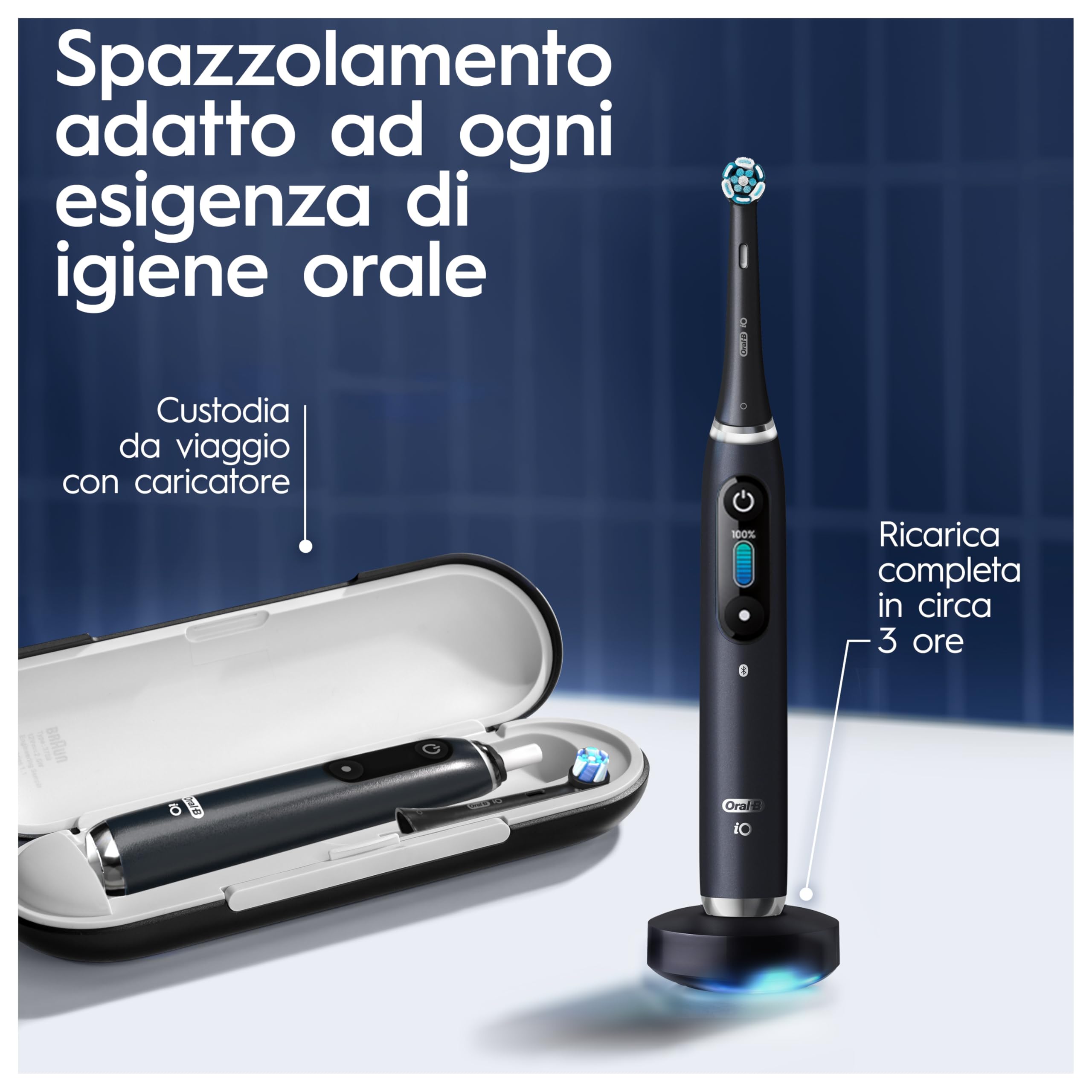 Oral-B Spazzolino Elettrico Ricaricabile iO 9N, Sensore di Pressione, Display Interattivo, A.I. , 7 Modalità, 2 Testine, 1 Spazzolino, 1 Custodia da Viaggio, pacchetto variabile, Nero (Black Onyx)