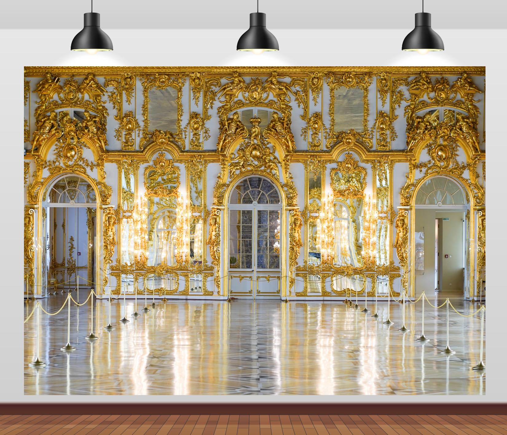 BELECO 9x6ft Fabric Luxurious Golden Palace Backdrop Royal Catherine Palace Hall Ballroom Gold Carvings Wall with Arch Door Noble Background for Palace Theme Party Decorations Portrait Photo Props