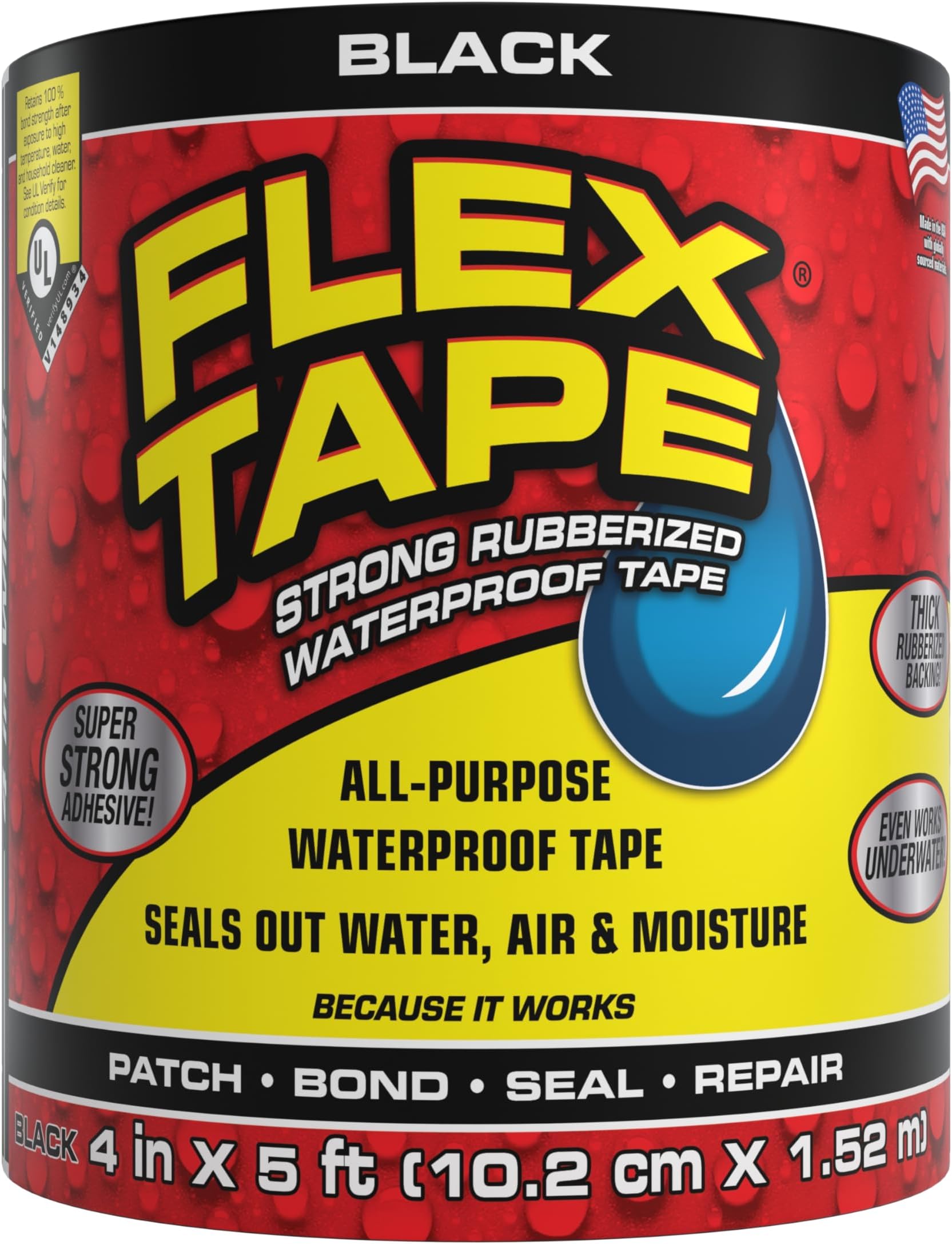Flex Tape, Original Thick Flexible Rubberized Waterproof Tape - Seal and Patch Leaks, Works Underwater, Indoor Outdoor - Home RV Roof Plumbing and Pool Repairs, Black, 4 in x 5 ft, Pack of 1