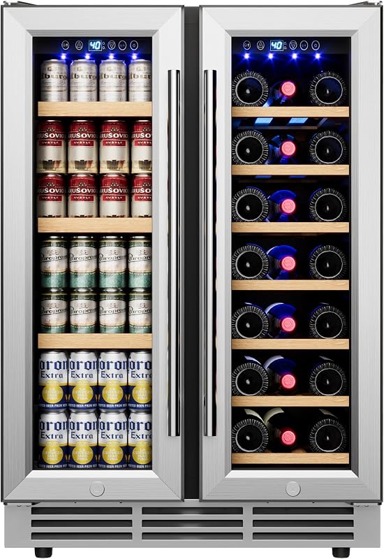 24" Wine and Beverage Refrigerator, Dual Zone Wine Cooler, Silver | Wine&Beverage Refrigerator with Glass Door, Holds 88 Can&21 Bottle, Built-in or Freestanding, Under Counter Design,LED Light
