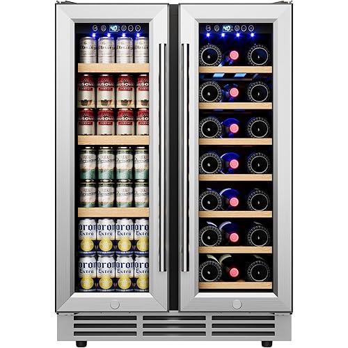 24" Wine and Beverage Refrigerator, Dual Zone Wine Cooler with Glass Door, Hold 88 Cans & 21 Bottles, Built in or Freestanding Under Counter Wine Fridge with Blue LED Light.