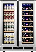 24" Wine and Beverage Refrigerator, Dual Zone Wine Cooler with Glass Door, Hold 88 Cans & 21 Bottles, Built in or Freestanding Under Counter Wine Fridge with Blue LED Light.
