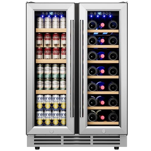24" Wine and Beverage Refrigerator, Dual Zone Wine Cooler with Glass Door, Hold 88 Cans & 21 Bottles, Built in or Freestanding Under Counter Wine Fridge with Blue LED Light.