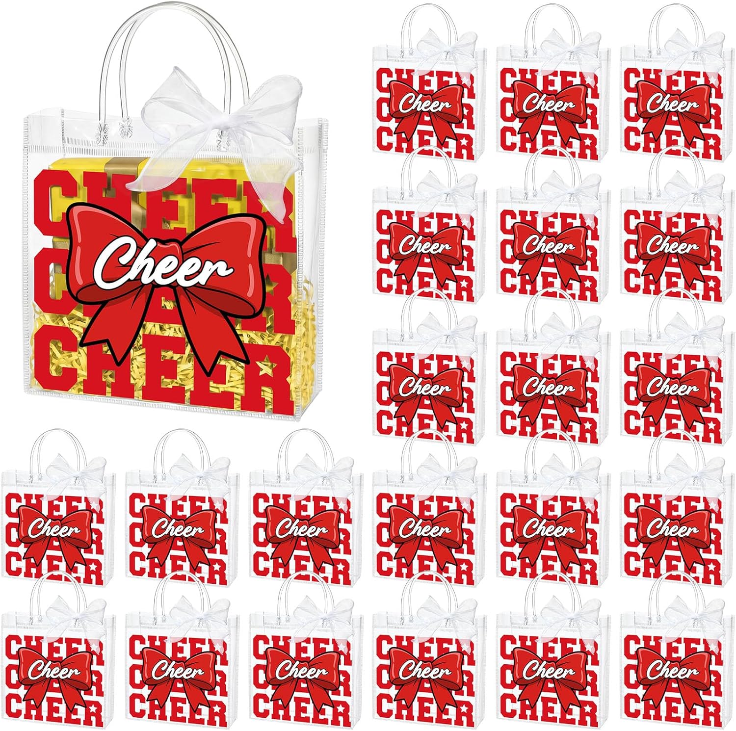 Sweetude 24 Pcs Cheer Clear PVC Gift Bags with Handles Bulk Cheer Team Cheerleader Treat Goodie Candy Tote Bag with Bow Ribbon for Team Birthday Youth Cheerleading Party Supplies (Red)