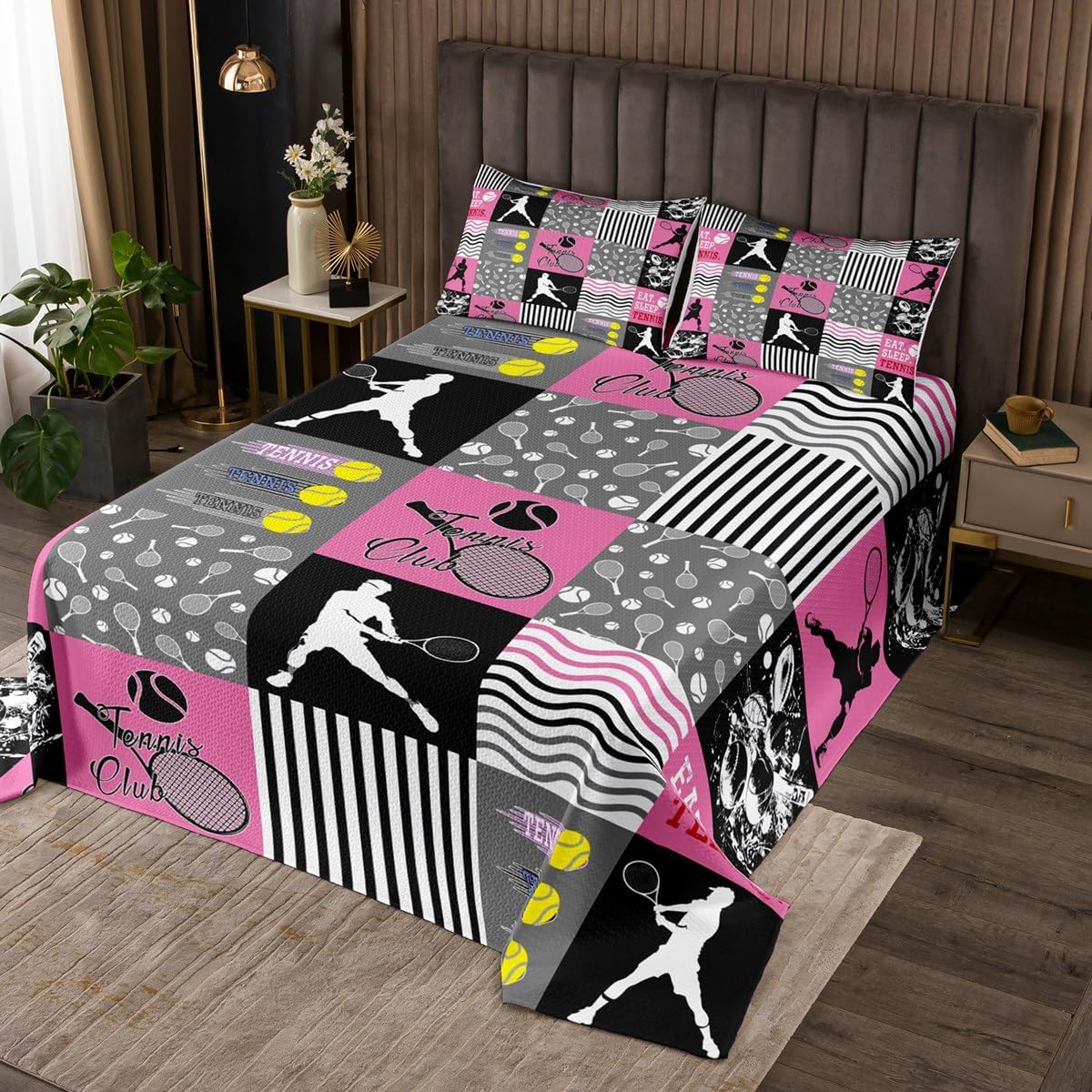 jejeloiu Tennis Bedspread King Size for Kids Teens Girls Woman Sports Game Coverlet Set Tennis Player Quilted Coverlet Ball Sports Theme Bedspread Cover Room Decor Ball Games