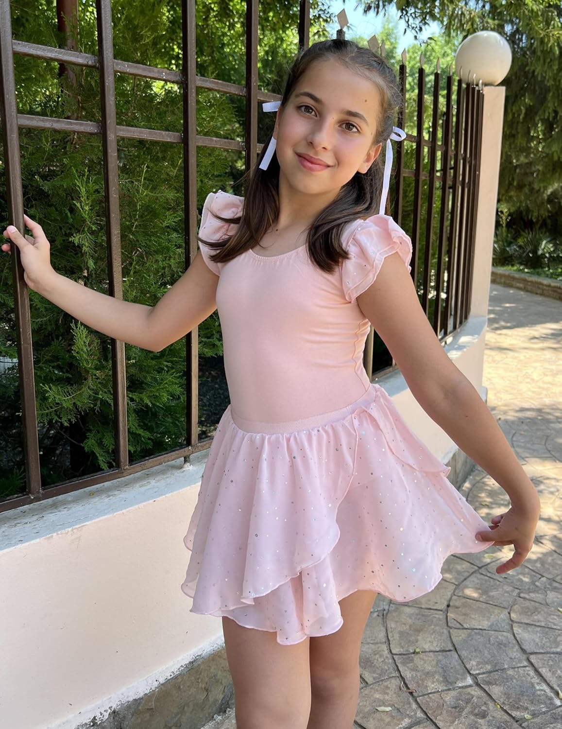 Zaclotre Ballet Leotards for Girls with Removable Skirt Toddler Ruffle Sleeve Bow Back Dance Dress Combo - Image 6