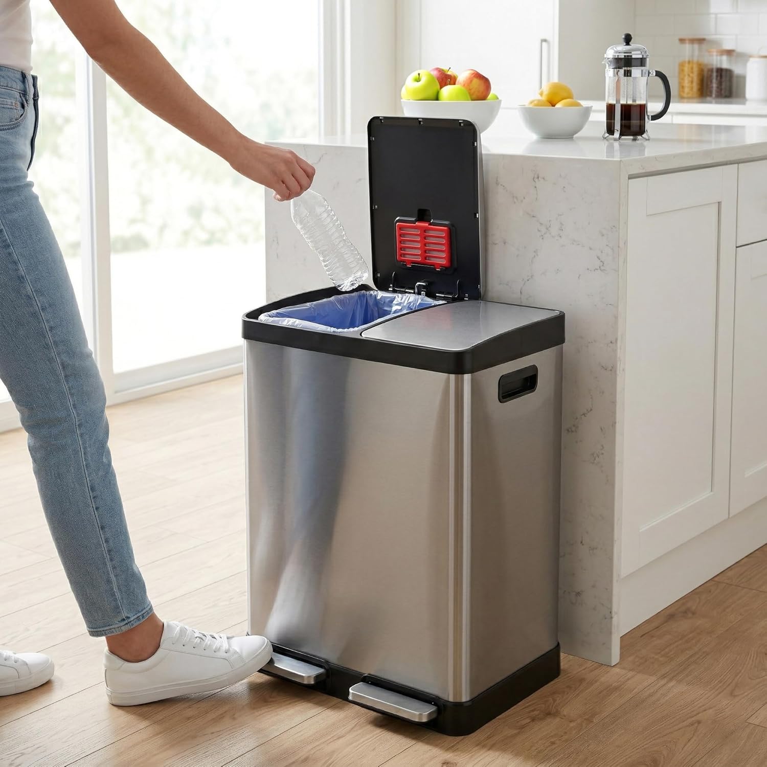 iTouchless 16 Gallon Dual Step Trash Can and Recycle Bin with Lid, Stainless Steel Kitchen Garbage 2 Compartment Sorting, Odor Control Filter, AirNova Silent Close, Fingerprint-Proof, Matte Silver