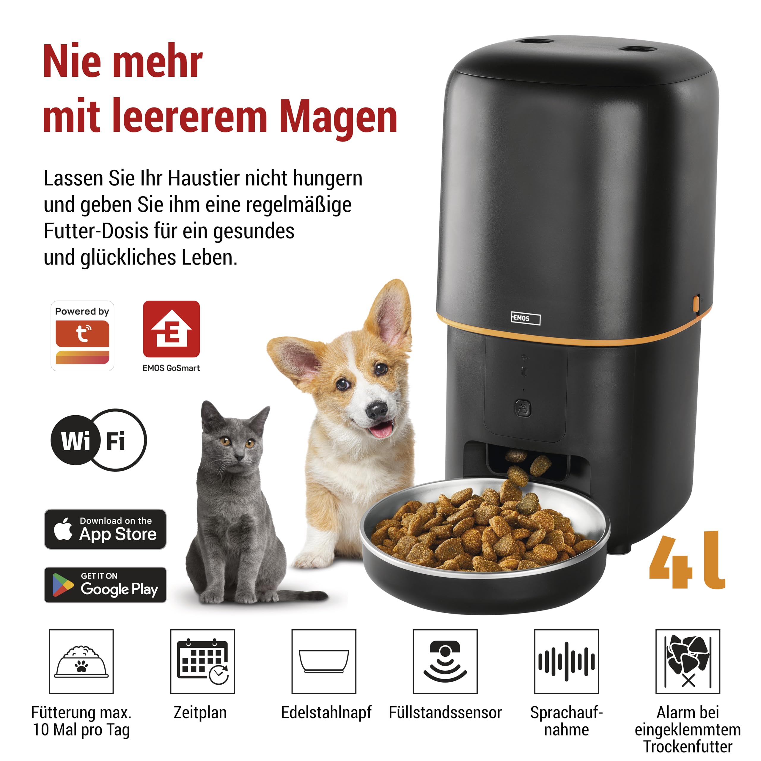EMOS - GoSmart Futterautomat 4 l - WLAN Pet Care Futterspender mit App - Trockenfutter Automat für Katze & Hund mit Zeitplan, Sprachaufzeichnung, Dosierung 1–10 Mahlzeiten pro Tag - Schwarz