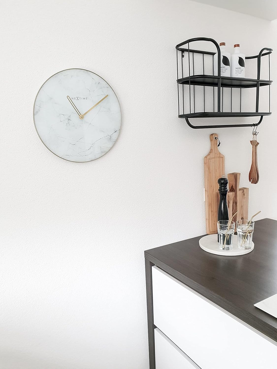 NEXTIME Wall Clock-Ø 40 cm-Glass/Metal-White-'Marble', 40