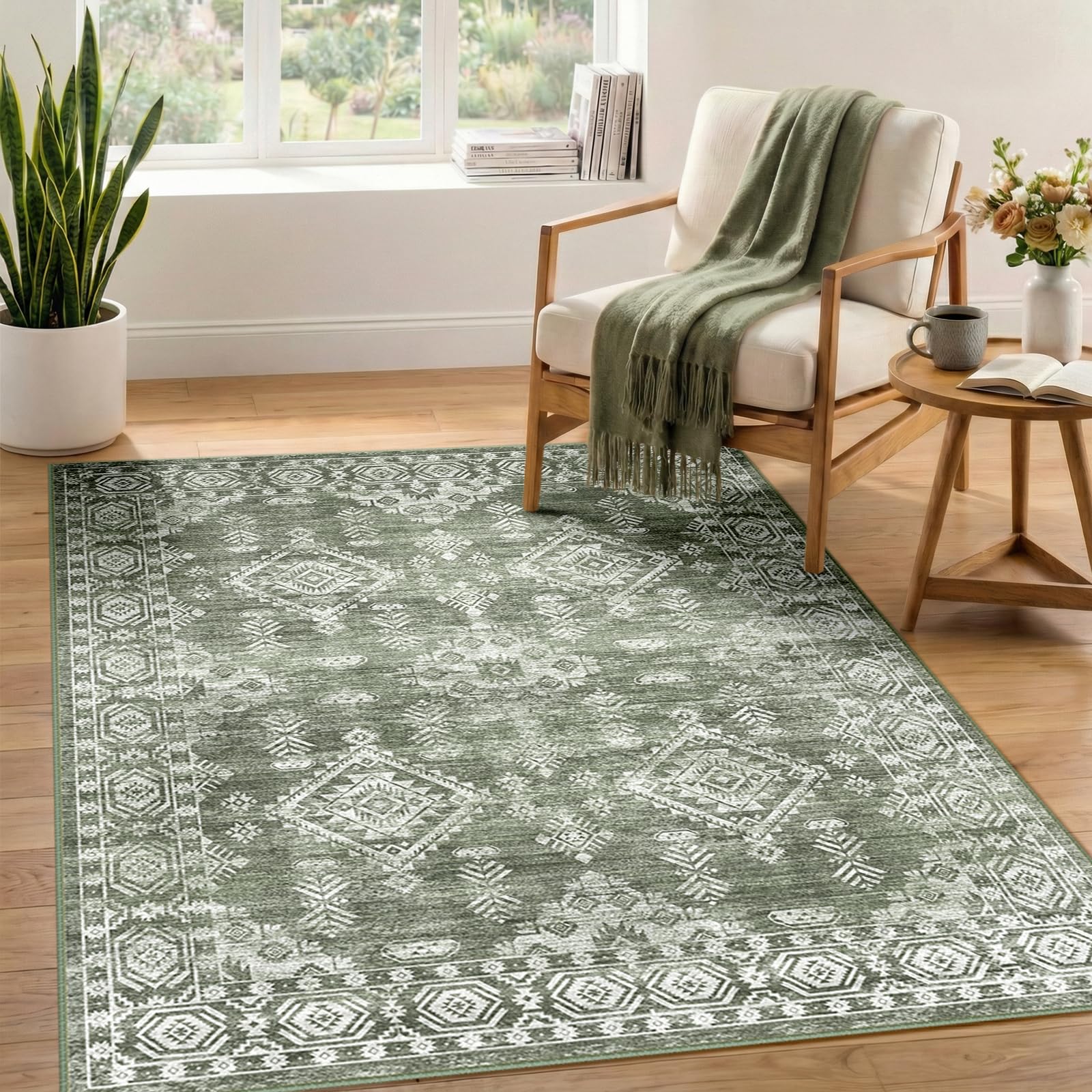 DEFYNEE Waschbar Teppich Wohnzimmer 120x180 cm, Teppiche Schlafzimmer, Grün | Vintage Wohnzimmerteppich, Waschbarer, OEKO, Retro, Rutschfest Kurzflor Weich für Schlafzimmer, Esszimmer, Küche, Büro