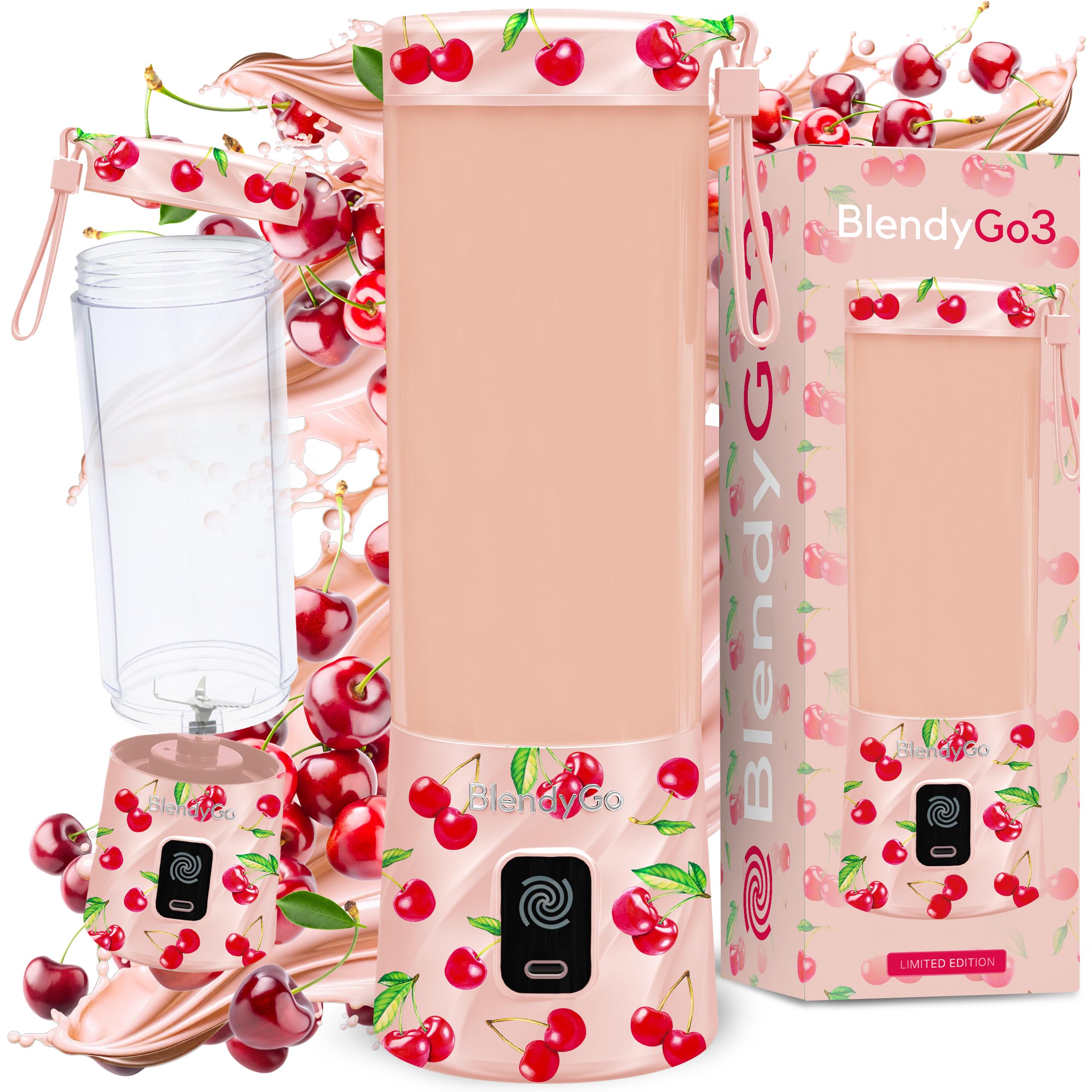 BlendyGo 3 Tragbarer Mixer, Blender, Mini Standmixer, 550 ml, Smoothie maker, Mixer smoothie maker to go, kabellos, zerkleinert Eis und Obst, BPA-freie, PulseMotion & BlendPro (Candy Cherry)