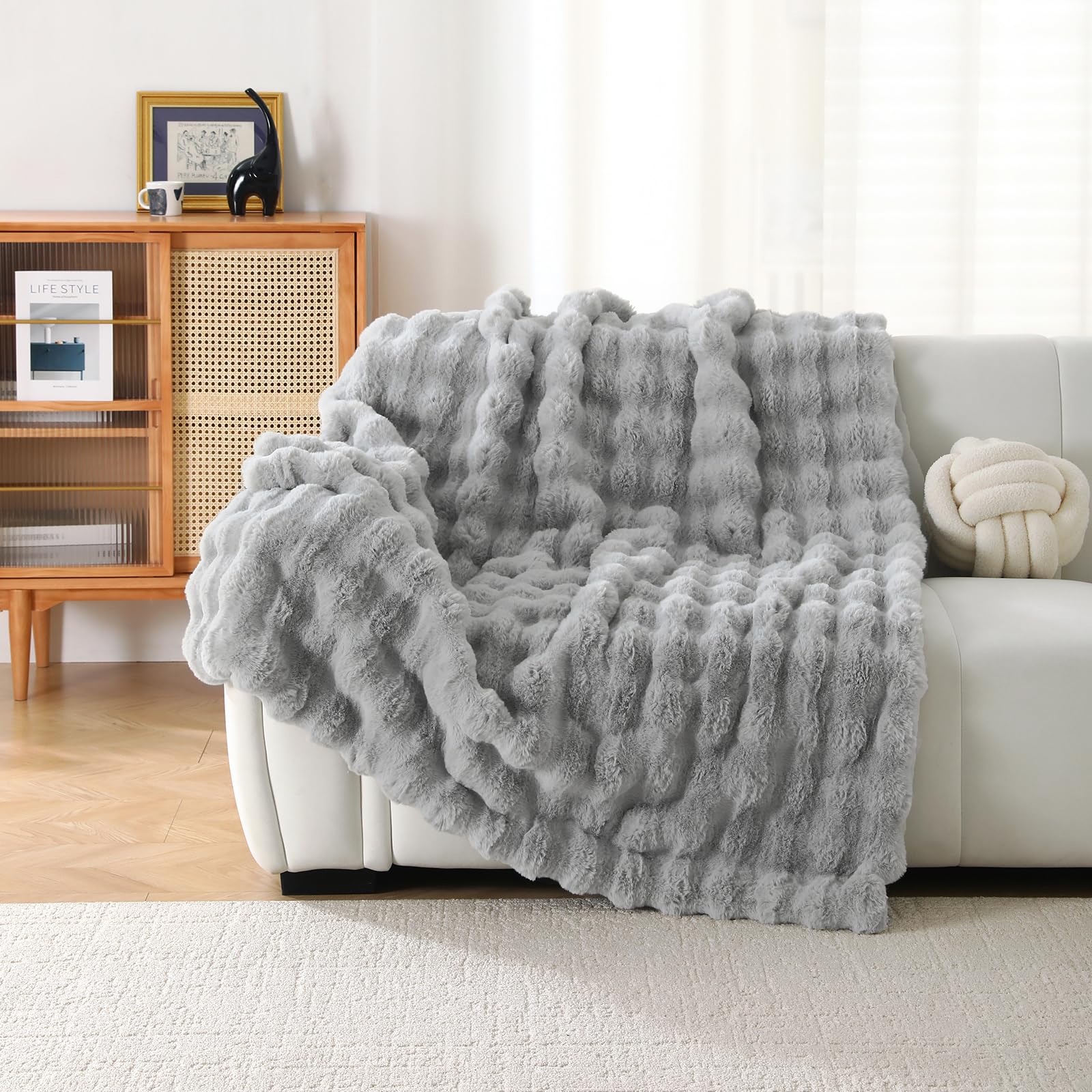 DREAMLANDING Faux Rabbit Fur Luxury Plush Sherpa Throw Blanket Reversible Fuzzy Warm Cozy Fluffy Fur Blanket for Bed Sofa Couch Home Decor (Light Grey - Image 3