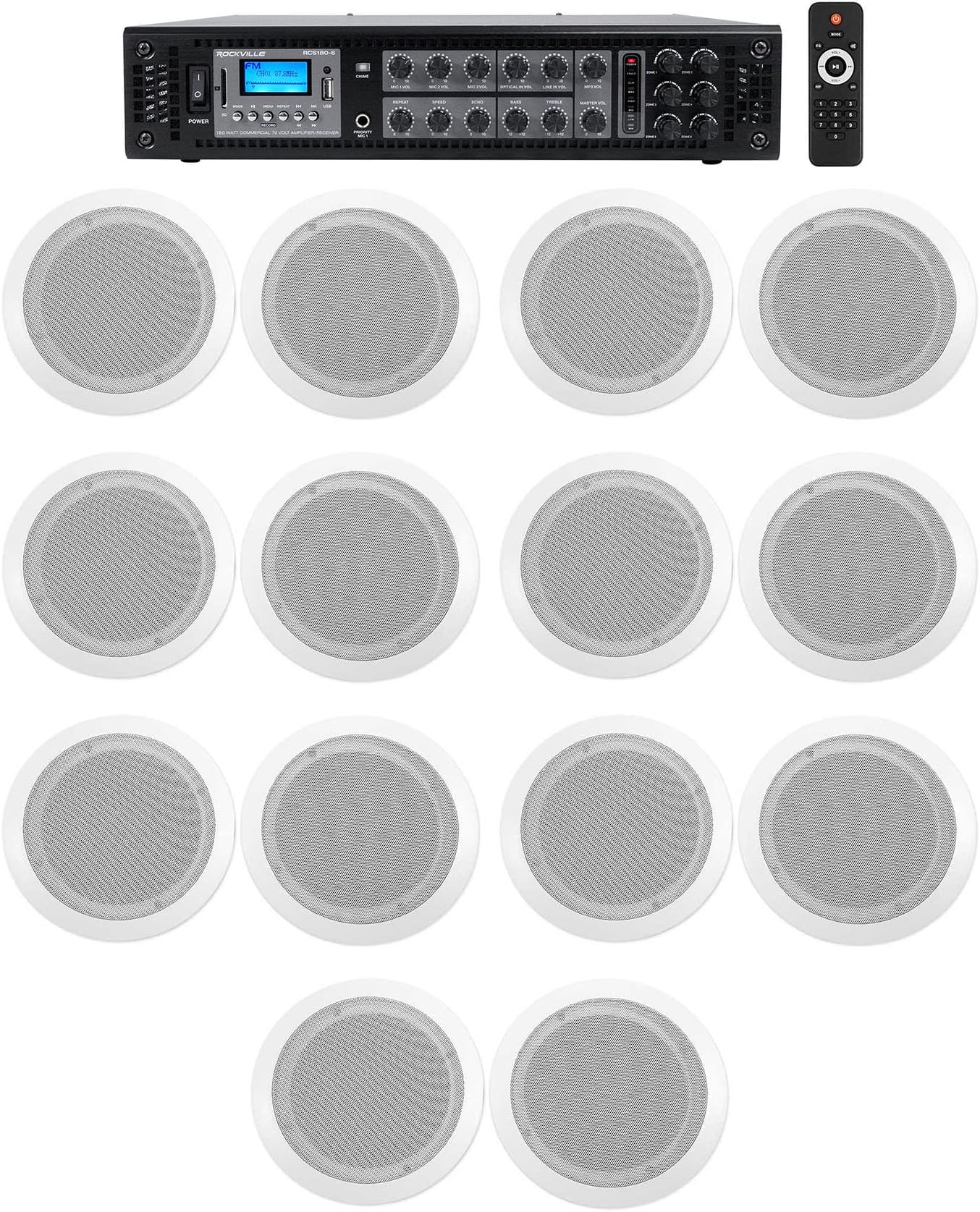 Rockville CC65T White Bundle: (7) Pairs of 6.5" 2-Way Ceiling Speakers for Home Audio, RCS180-6 180-Watt 6 Zone 70V Amplifier with Bluetooth/USB/SD, 8-Items