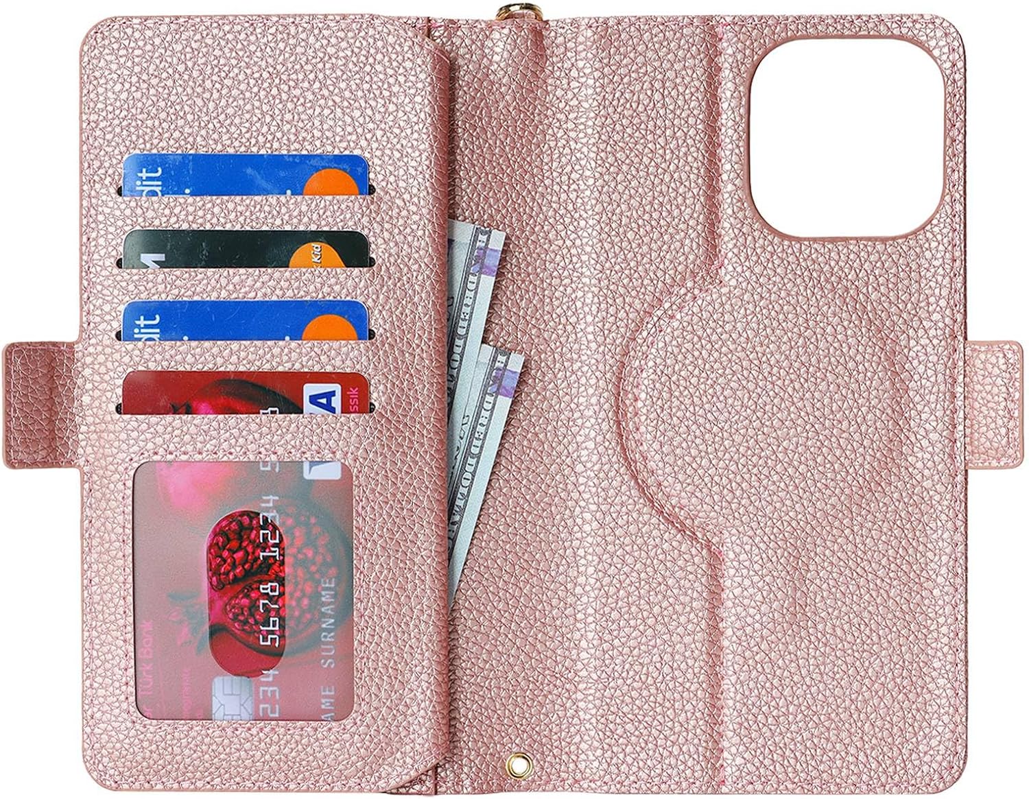 Jaorty for iPhone 11 Detachable Wallet Case, [Compatible with MagSafe] [Card Holder] [Zipper Pocket],2-in-1 PU Leather Flip Purse Kickstand Wrist Strap Magnetic Cover Men Women,Lichi Rosegold