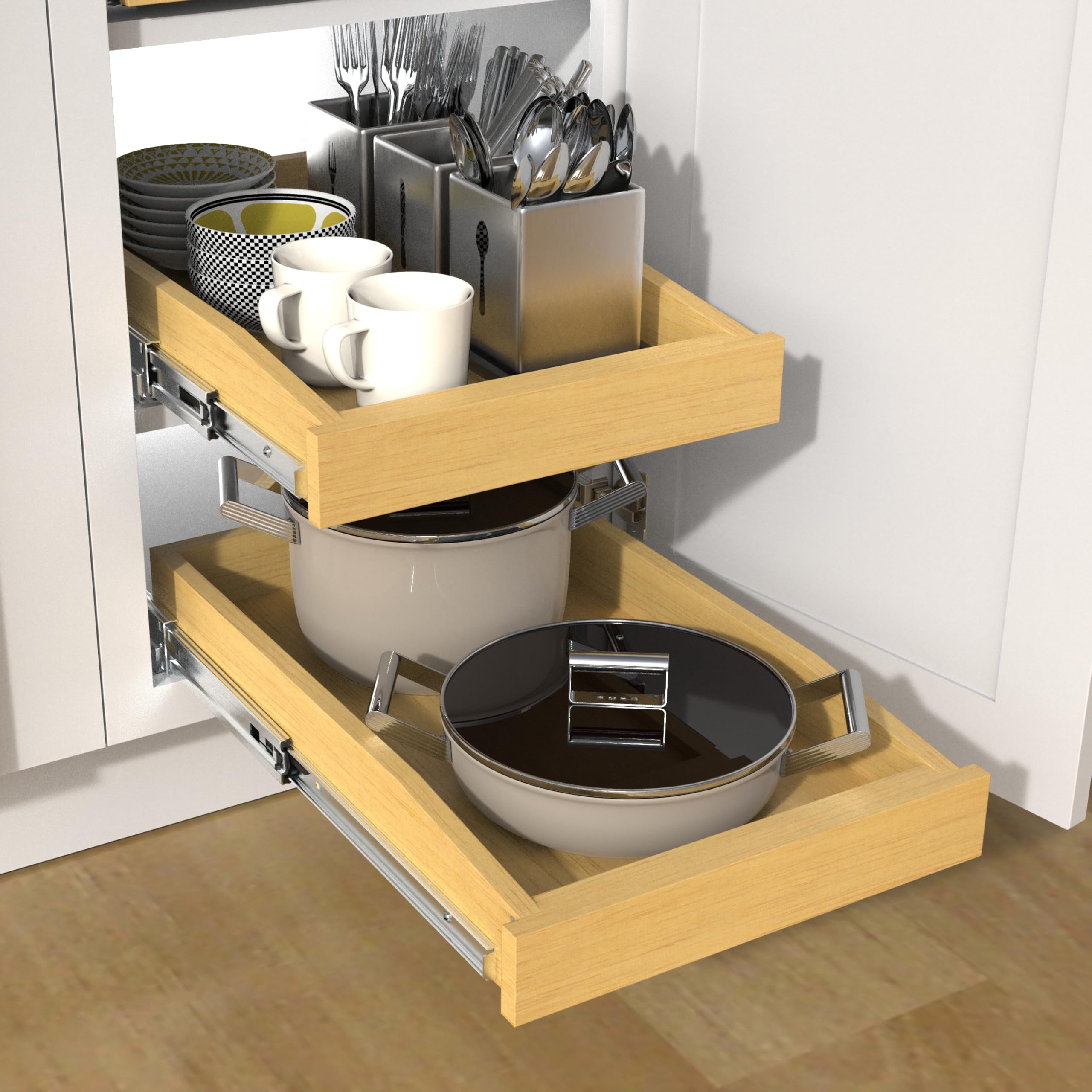 Kitchen Slide-Out Cabinet Shelf - Wood Drawer, 21"W X 21"D, Soft-Close, Maple Finish, Easy Install Storage