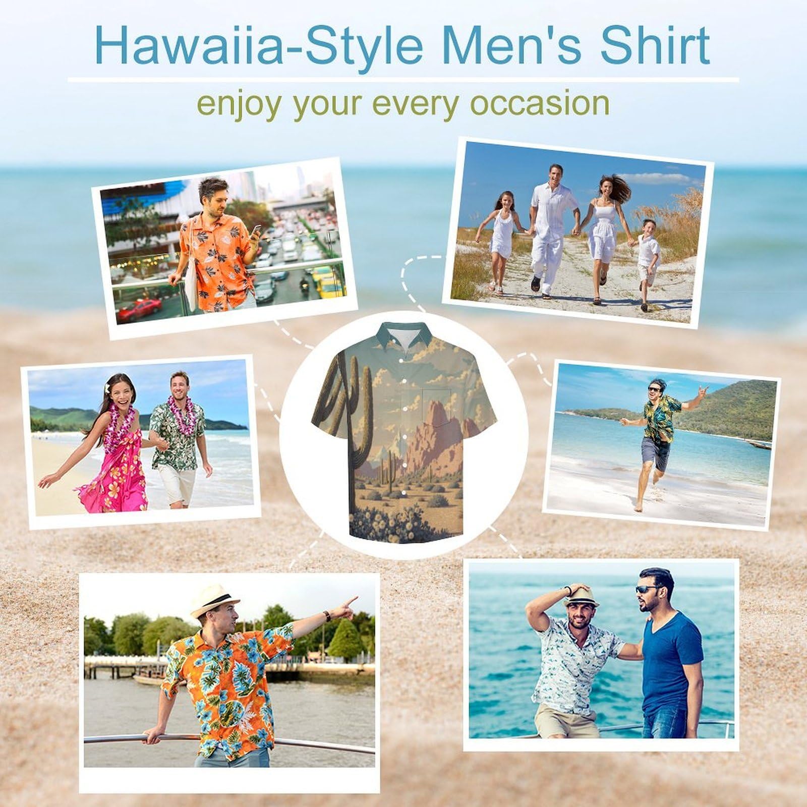 Camicia Casual da Uomo, Illustrazione retrò Stampa Maglietta Estiva a Maniche Corte Stile Cactus del Deserto Casual Button Down Hawaiani Camicie Risvolto Spiaggia Top