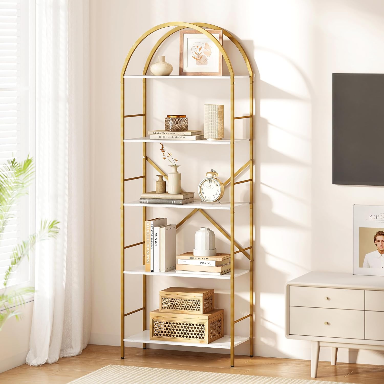 5 Tier Bookshelf Gold, 66.14 Inches Tall Arched Bookcase, Wide Storage Bookshelves with 4 Hooks, Stand Display Shelf for Living Room, Home Office, White and Gold - Image 9