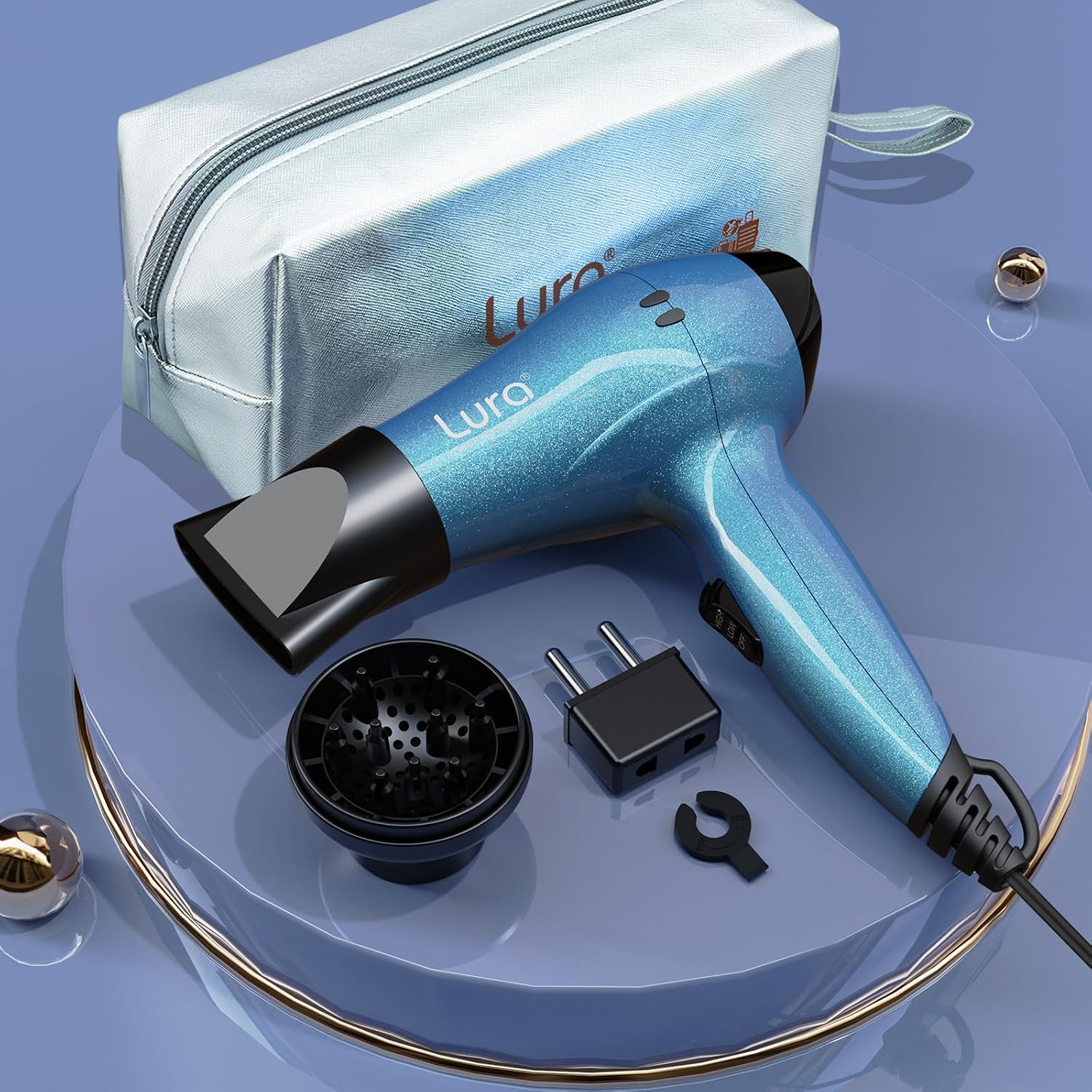 LURA Travel Hair Dryer with Diffuser,Small Dual Voltage Hair Dryers for Women,Mini Portable Blow Dryer for Men,Lightweight Compact Blow Dryer with European Plug(Blue)