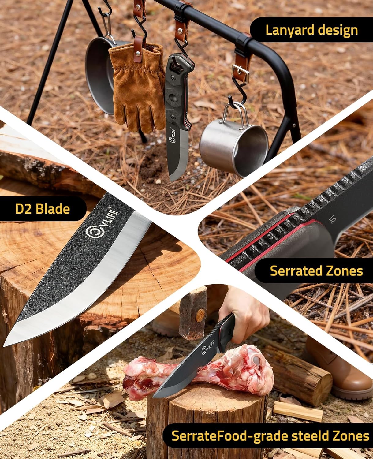 CVLIFE Full Tang Fixed Blade Knife with Sheath, Sharp 5.1'' D2 Steel Survival Knives with Ergonomic Non-Slip Handle & Multi-Angle Clip, EDC Camping Hunting Bushcraft Knives Outdoor Tools, Black