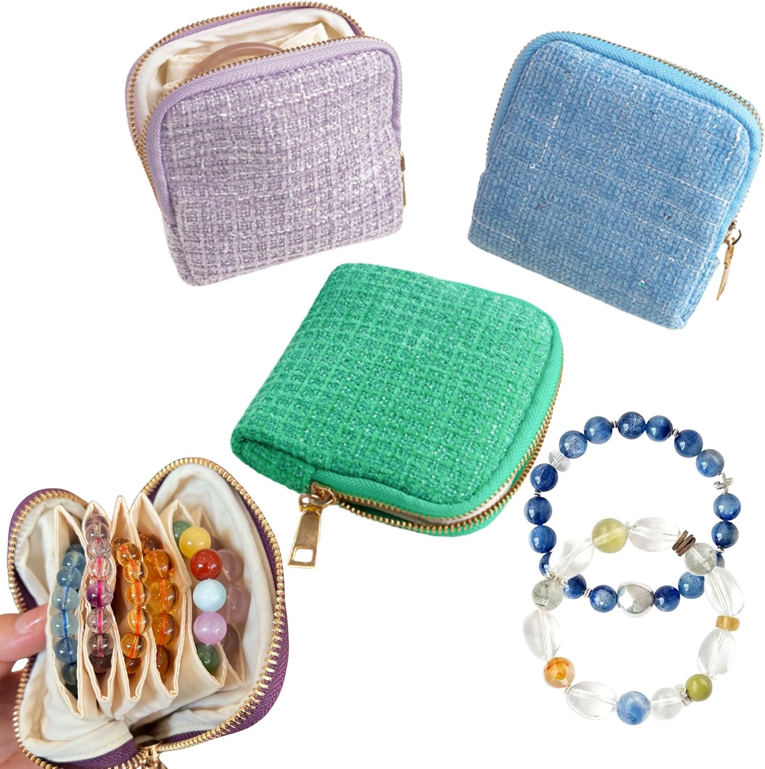 2026 New Small Jewelry Travel Case – Jewelry Travel Case for Crystal Bracelets, Rings, Bangles with Smooth Metal Zipper, Elegant Jewelry Pouch for Journey, Crystal Jewelry Storage Pouch, Tweed Blue