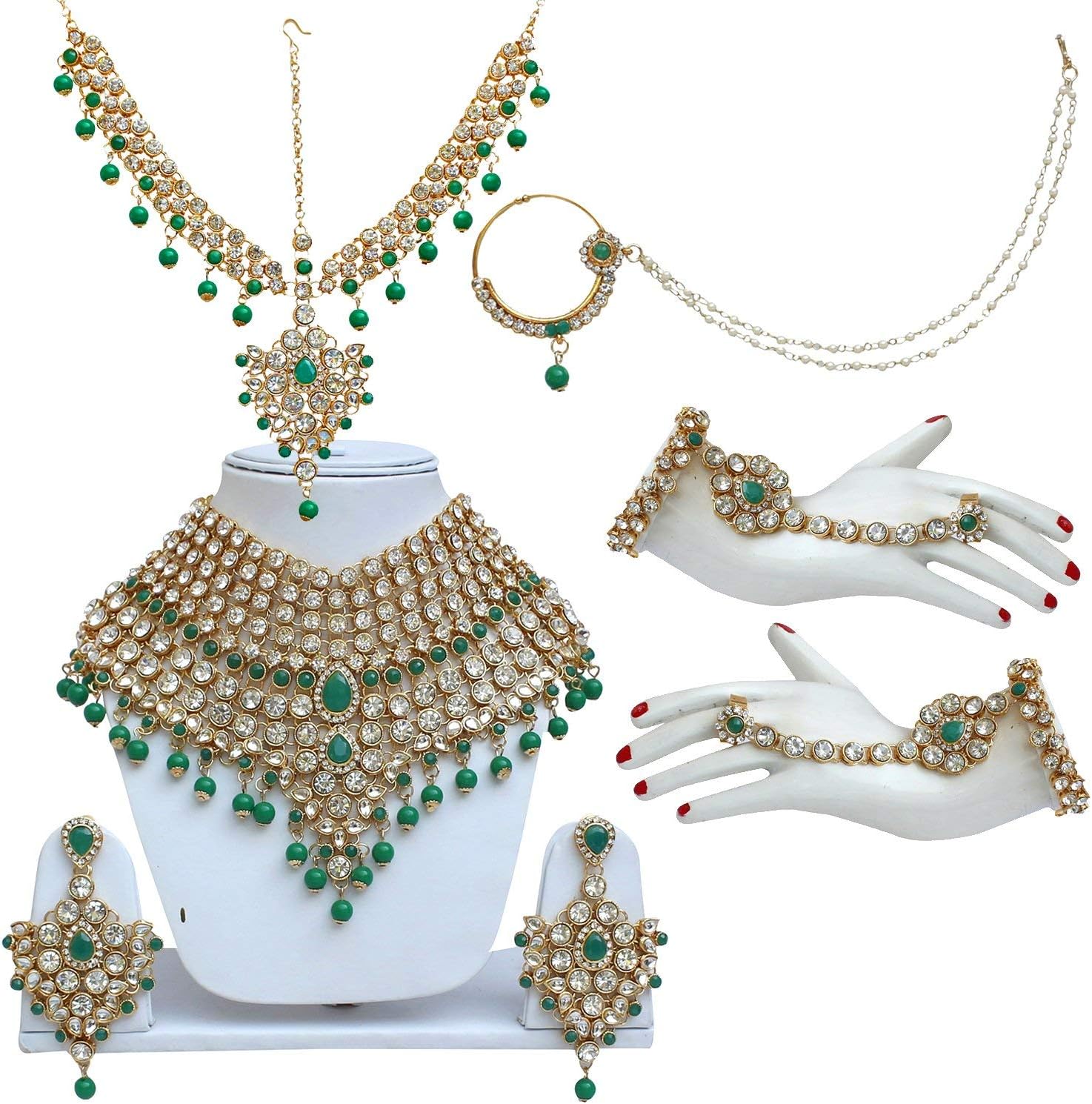 I JewelsIndian Wedding Traditional Gold Plated Kundan Ethnic Bridal Jewelry Set with Earrings, Nose Ring, Mathapatti & Haath Panja for Women