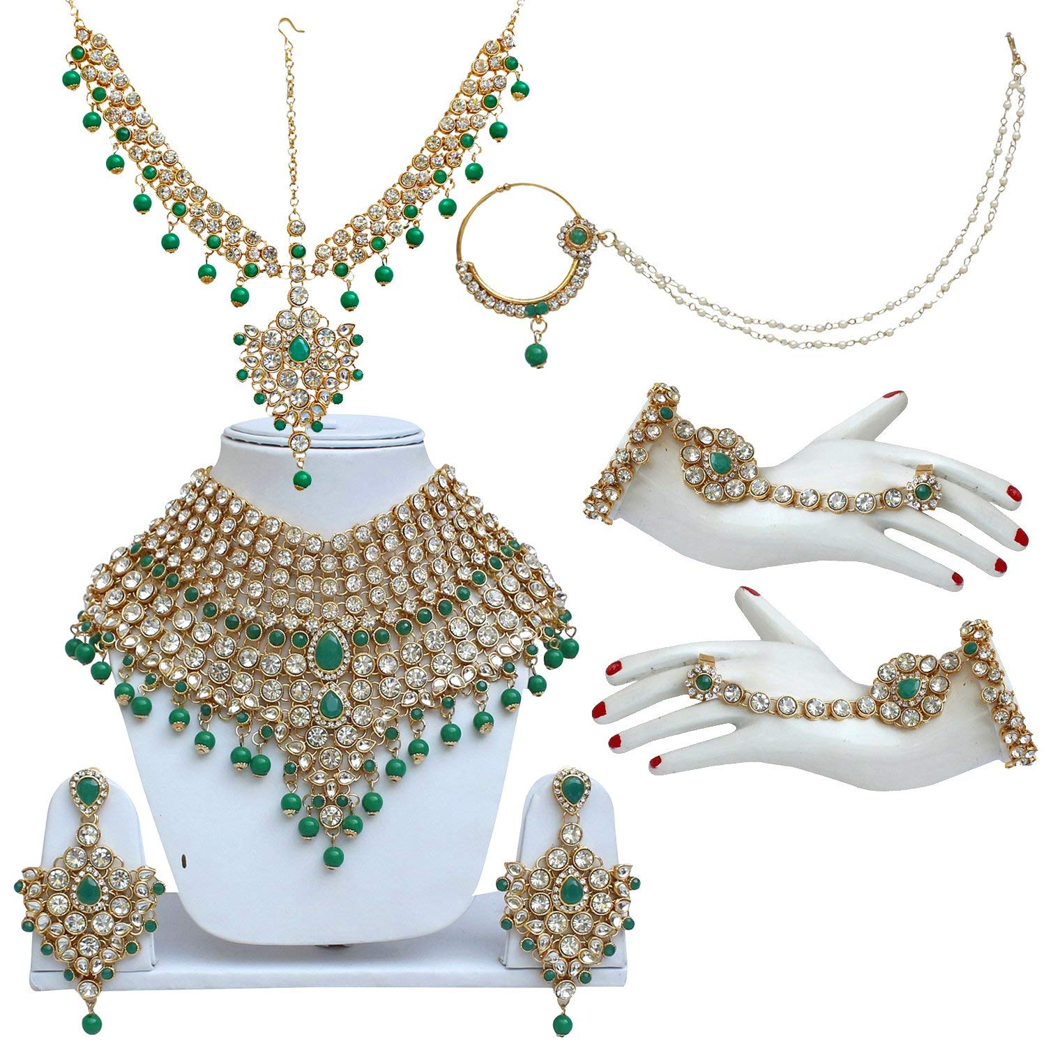 I JewelsIndian Wedding Traditional Gold Plated Kundan Ethnic Bridal Jewelry Set with Earrings, Nose Ring, Mathapatti & Haath Panja for Women