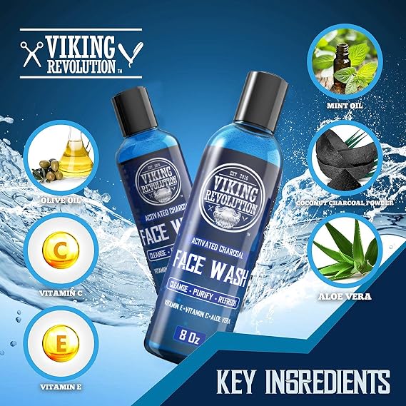 Viking Revolution Charcoal Face Wash for Men - 8 fl oz + 2 fl oz Set | Scrubs Away Dirt & Toxins - Cleanses, Purifies & Refreshes Skin - Daily Charcoal Facial Cleanser - 2 Piece Set