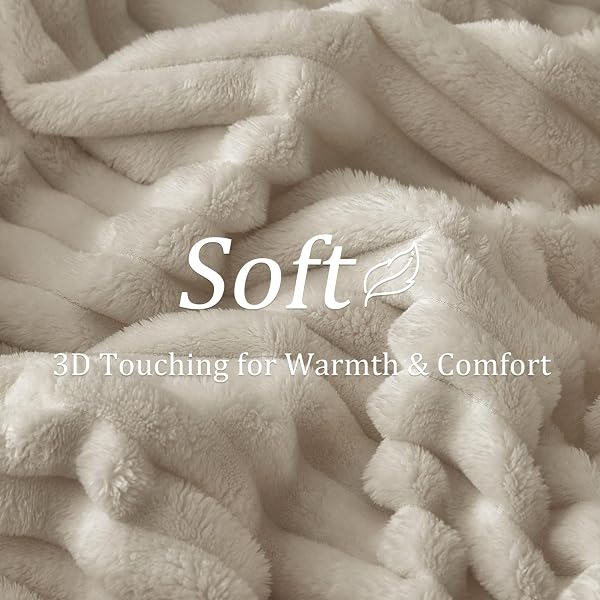 BEDELITE Fluffy Fleece Throw Blanket, Striped Decorative Soft Warm Gift for Sofa Bed Couch, Throw Size, Linen Beige - 4