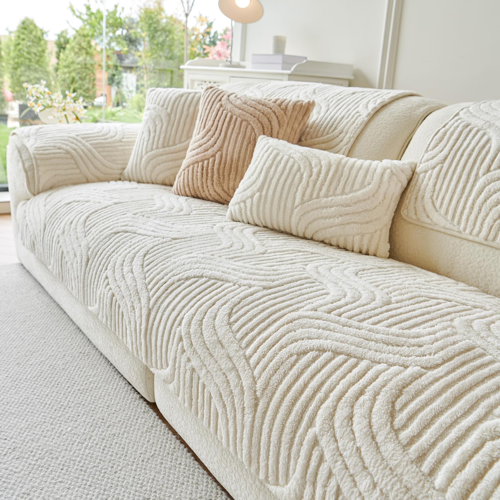 tianxinbaobei Sectional Sofa Covers Washable, Plush Stripe Couch Cover for Sofas, Non Slip Couch Cover for Large 4 Cushion Sofa, L Shape Slipcover for Pet Dog Furniture Protect(1PC,35"x94",White)