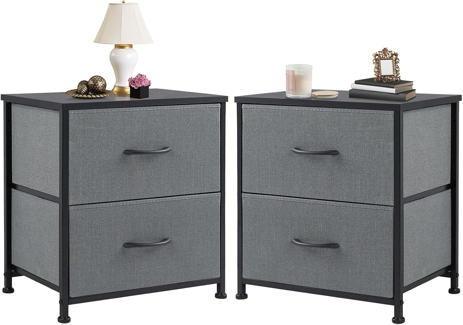 Grey Nightstands Set of 2 with Two Drawer Side Tables Living Room 2 Drawer Dresser Bedroom End Bedside Table Cabinet with Storage Night Stand, Wooden Top Metal Frame Handle, 20'' Tall