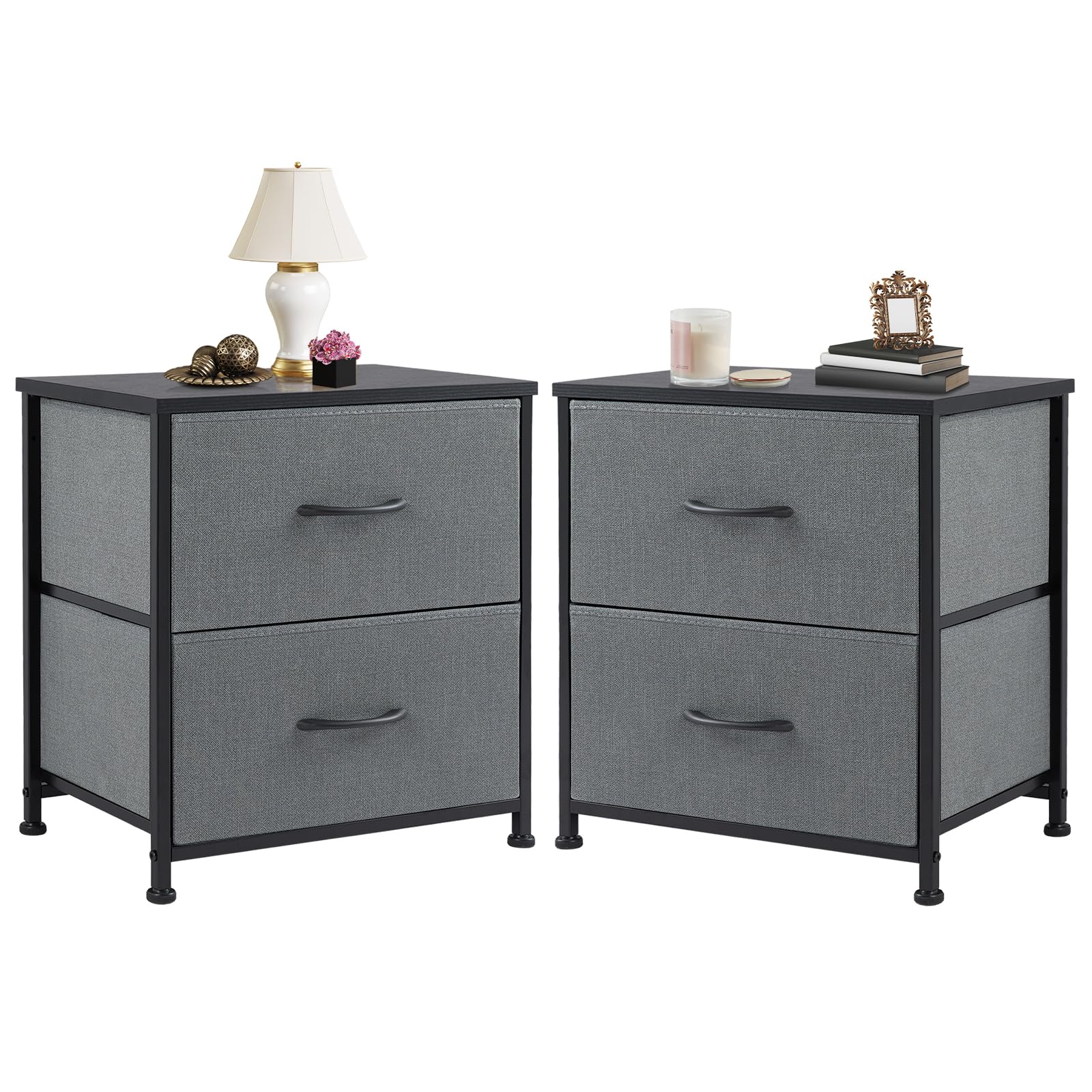 DUMOS Nightstand Small Dresser with 2 Fabric Drawers, Side Tables Bedroom End Table Bedside Storage Furniture for 20 inch Tall Night Stand for Entryway, College Dorm, Grey(2 Pack)