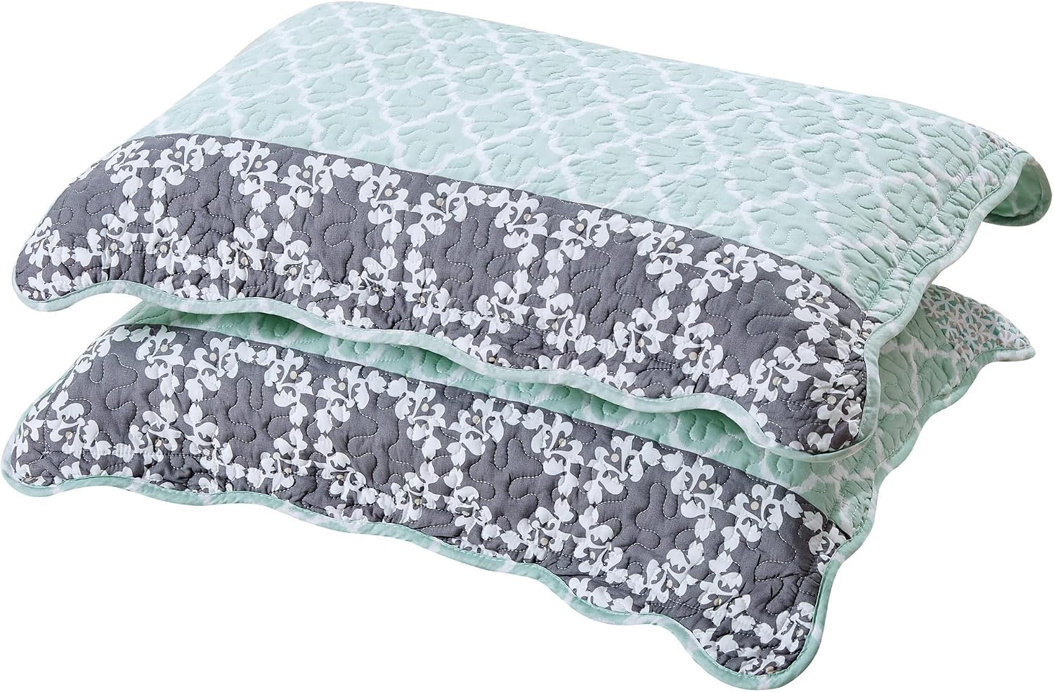 HESTIN Bedspread Plus Throw (10 Pieces Set), Lightweight Reversible Microfiber Quilted Coverlet with Floral Design for All Season, Mint Green Plant, Oversize (122" x 106")