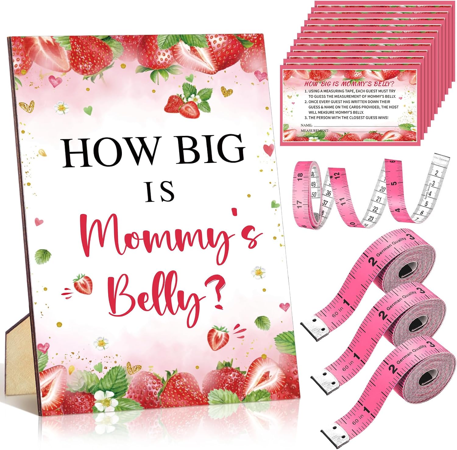 Roowest 54 Pcs Strawberry Baby Shower Games A Berry Sweet Is on the Way Measure Belly Bump Party Games Include How Big Is Mommy's Belly Sign 50 Guessing Cards 3 Measuring Tapes