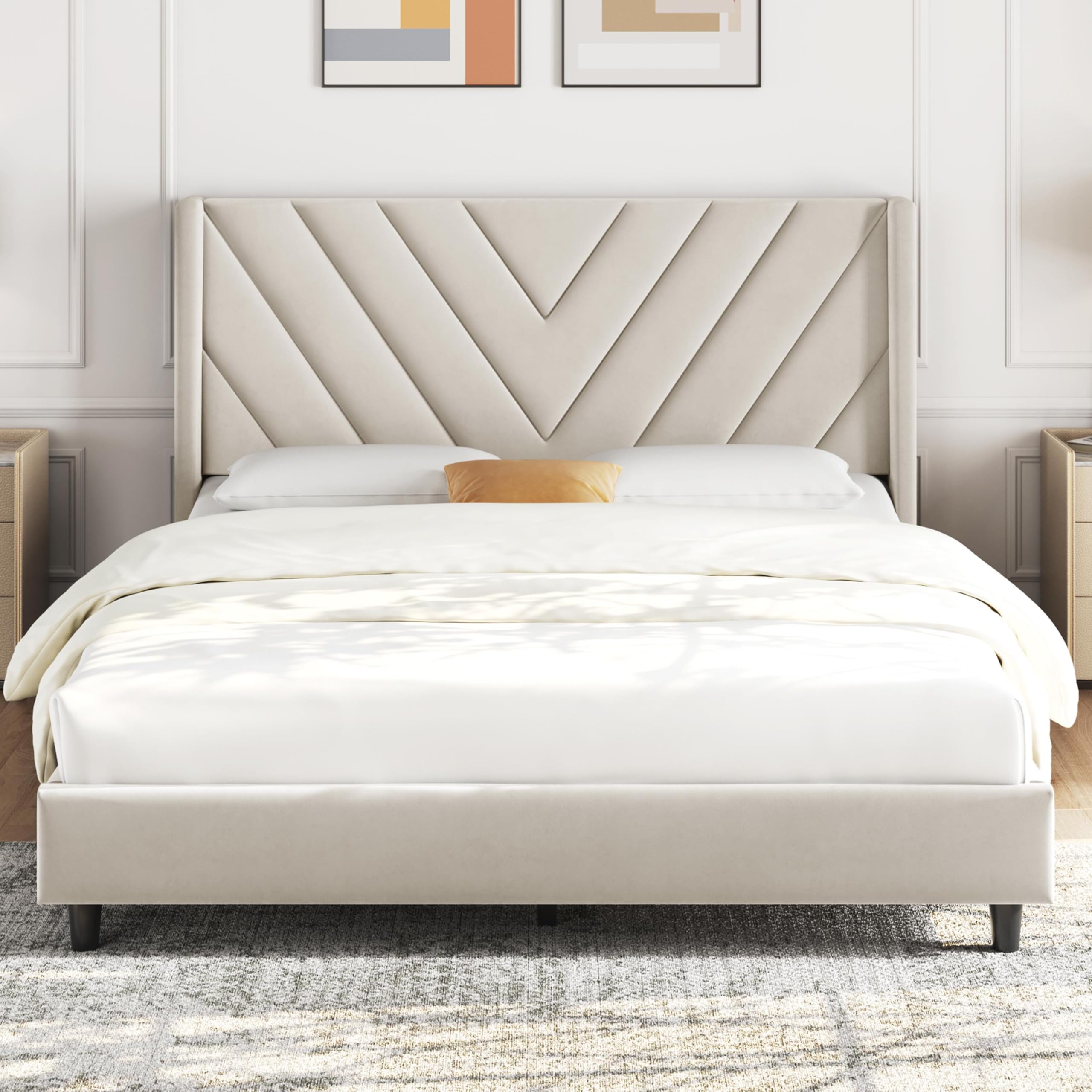 Yaheetech Full Bed Frame Upholstered Platform Bed with Wing Side Tufted Headboard/Sturdy Wooden Slat Support/No Box Spring Needed/Mattress Foundation,Beige Full Bed