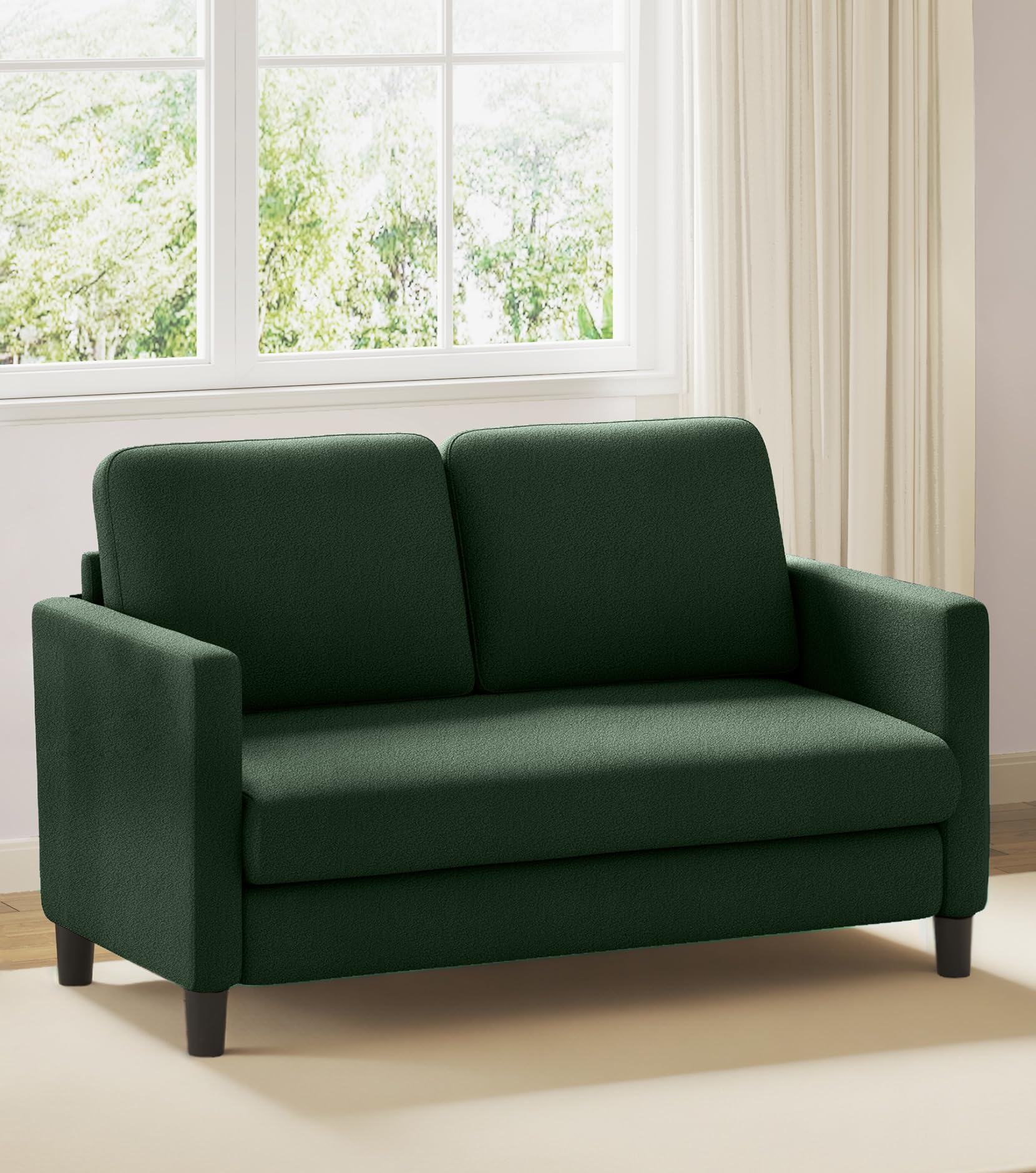 Domusensus 2 Sitzer Sofa, 2 Sitzer Kleinsofa, Ganz aus Holz-Couch, Teddy Fleece Zweisitzer-Kleinsofa, Werkzeugfrei 2er Sofa, 2-Sitzer-Sofa, für Wohnzimmer, Schlafzimmer, Büro, Jugendzimmer, Grün