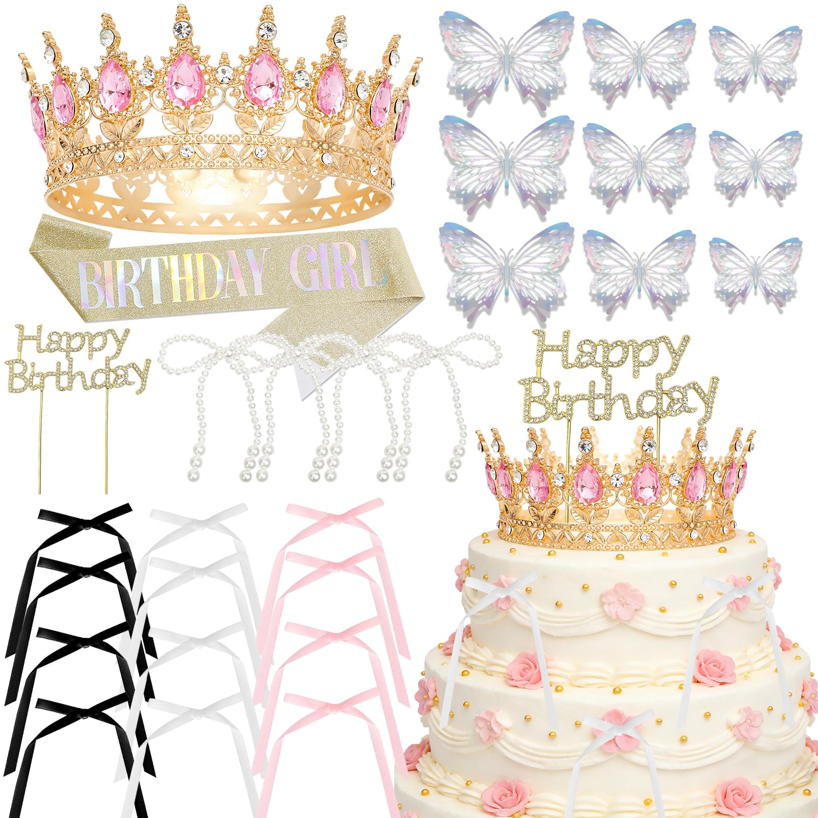 Tazuxetuqe 34Pcs Crown Cake Toppers, Birthday Crown Decorations with Birthday Ribbon, Corona Para Cake, Dessert Embellishments for Weddings, Party Ornaments (Gold-Pink)