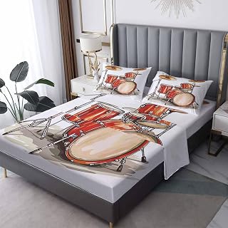 Generic Twin Sheets Set - Drum Kit Bed Sheets & Bedroom Decor - Music Sheet Set - Soft Breathable Microfiber Deep Pocket Patterned Bedding Sheets & Pillowcases P-&602