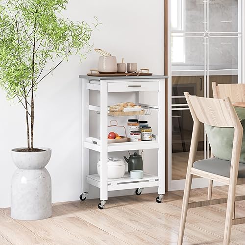 Miniatura 2 de MEDIMALL Carrito pequeño para isla de cocina, estante de almacenamiento de microondas de 4 niveles con encimera de acero inoxidable, cesta de